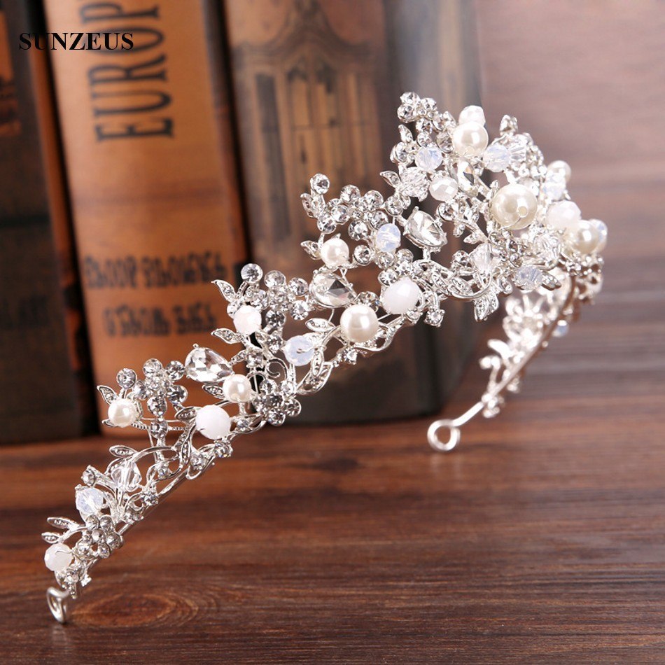 Silver Crystal Bridal Tiara With Pearls Headband