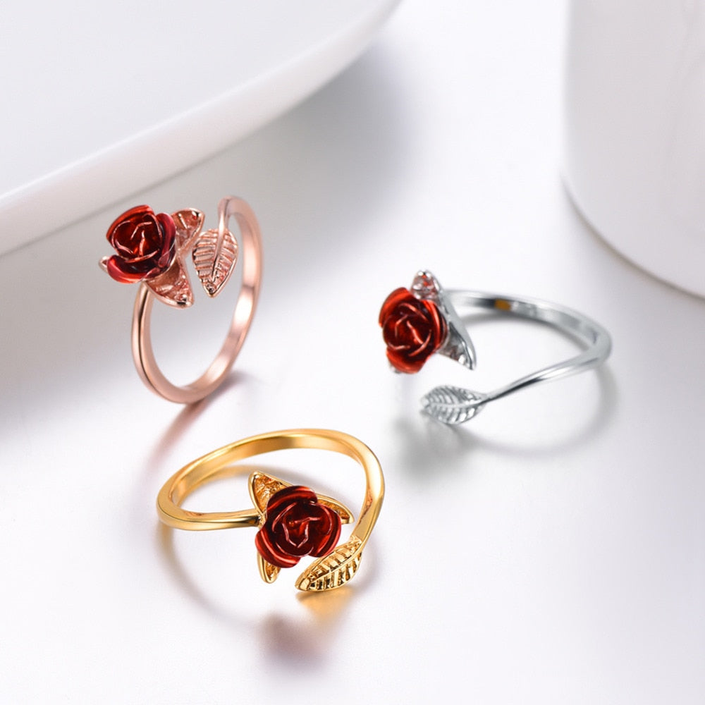Red Rose Garden Flower Resizable Finger Rings