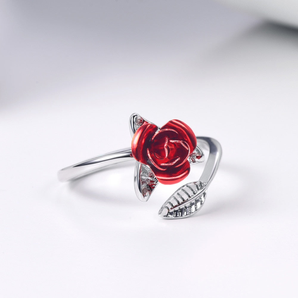 Red Rose Garden Flower Resizable Finger Rings