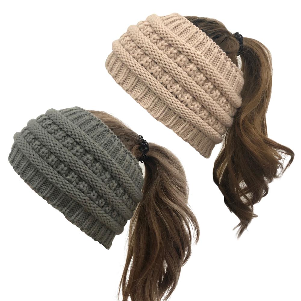 Ponytail Beanie Women Stretch Knitted Hats