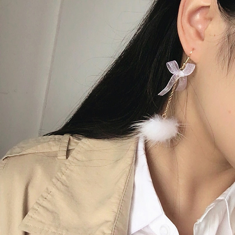 1 Pair Sweet Plush Ball Aesthetic Bow Earring