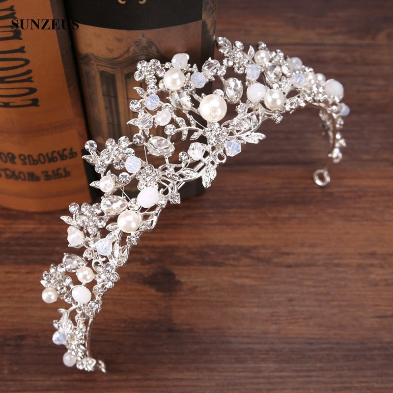 Silver Crystal Bridal Tiara With Pearls Headband