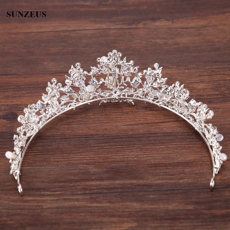 Silver Crystal Bridal Tiara With Pearls Headband