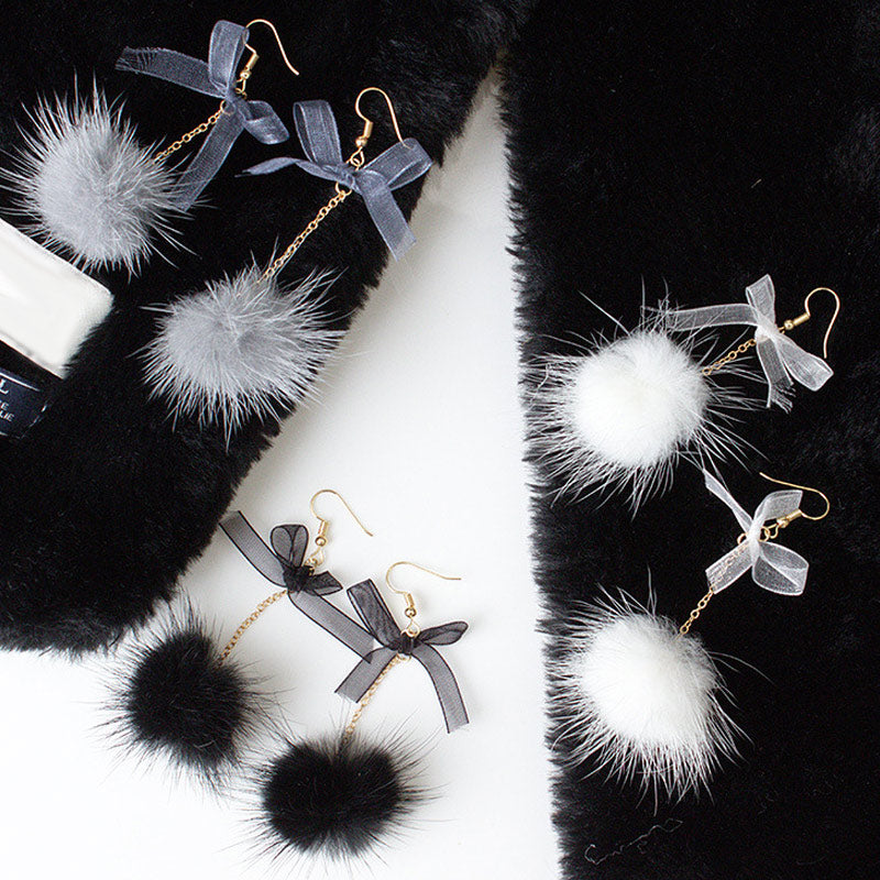 1 Pair Sweet Plush Ball Aesthetic Bow Earring