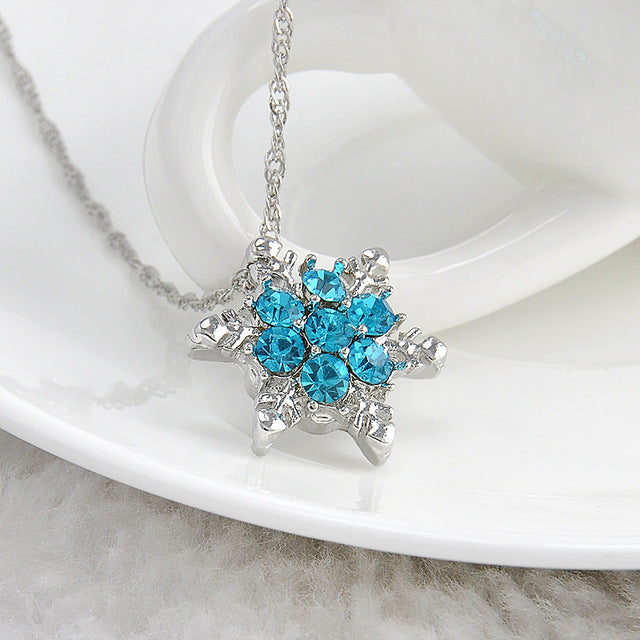 Blue Crystal Snowflake Zircon Flower Silver Necklace