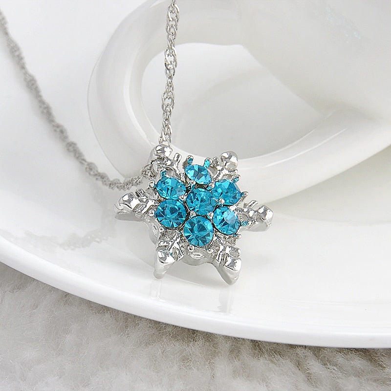 Blue Crystal Snowflake Zircon Flower Silver Necklace