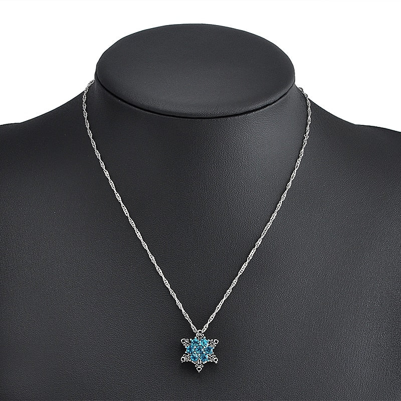 Blue Crystal Snowflake Zircon Flower Silver Necklace