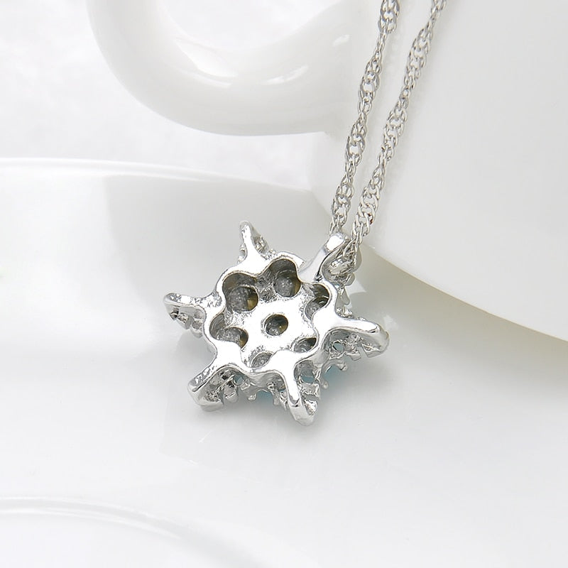 Blue Crystal Snowflake Zircon Flower Silver Necklace