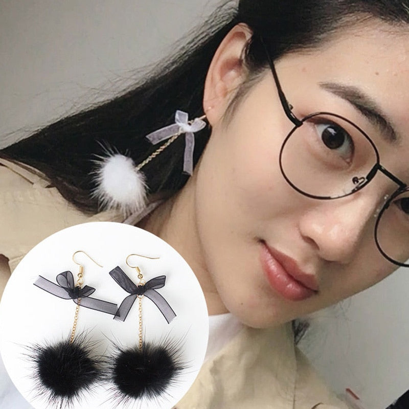 1 Pair Sweet Plush Ball Aesthetic Bow Earring