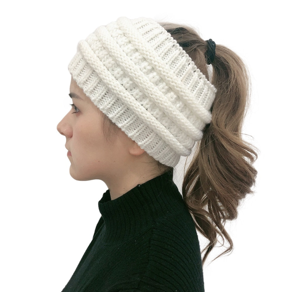 Ponytail Beanie Women Stretch Knitted Hats