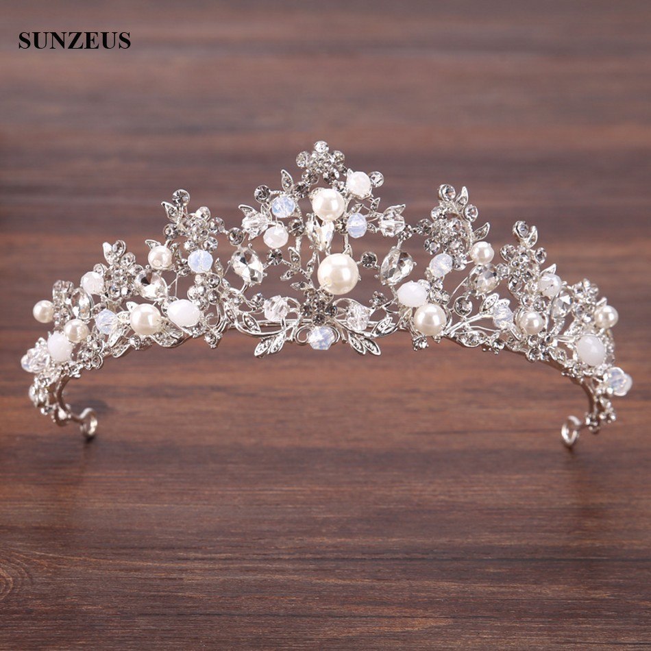 Silver Crystal Bridal Tiara With Pearls Headband