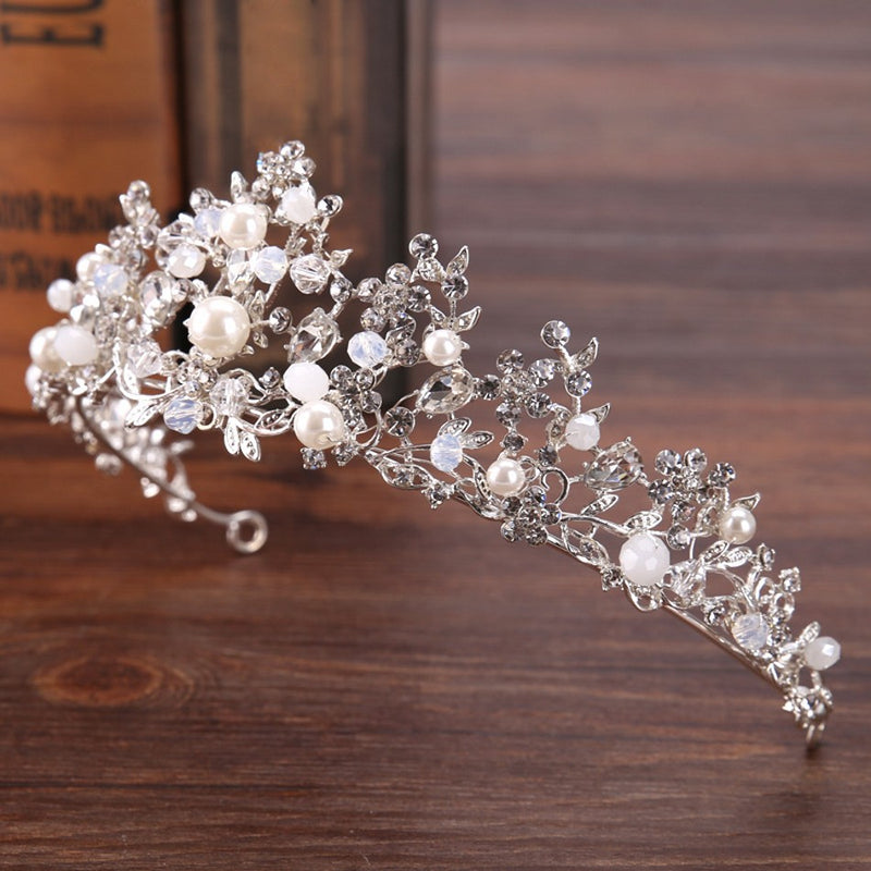Silver Crystal Bridal Tiara With Pearls Headband