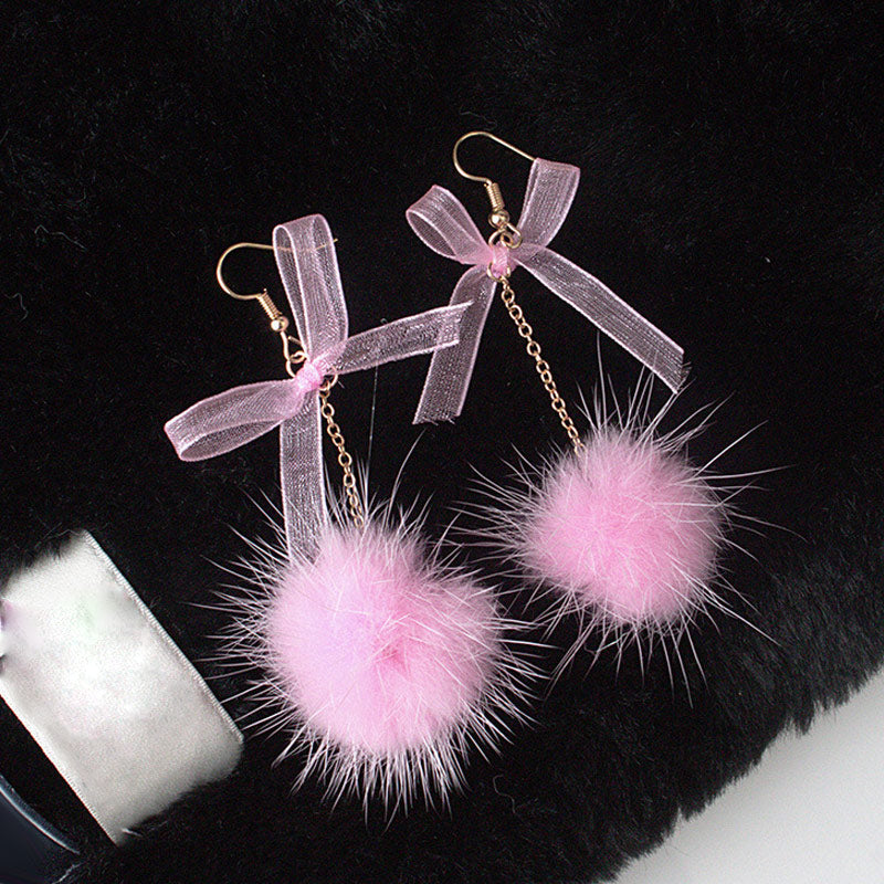 1 Pair Sweet Plush Ball Aesthetic Bow Earring