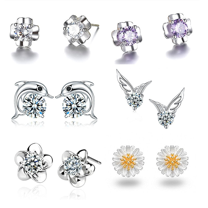 Flower Dolphin Daisy Silver Plated Stud Earrings