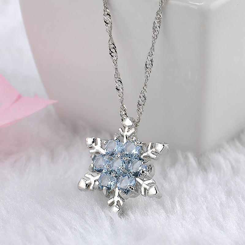 Blue Crystal Snowflake Zircon Flower Silver Necklace