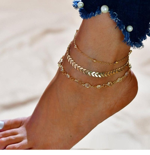 3pcs Chevron and Crystals Anklet Set