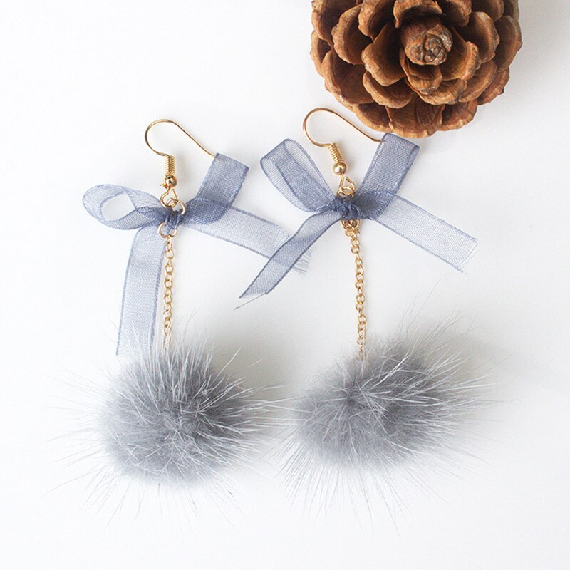 1 Pair Sweet Plush Ball Aesthetic Bow Earring
